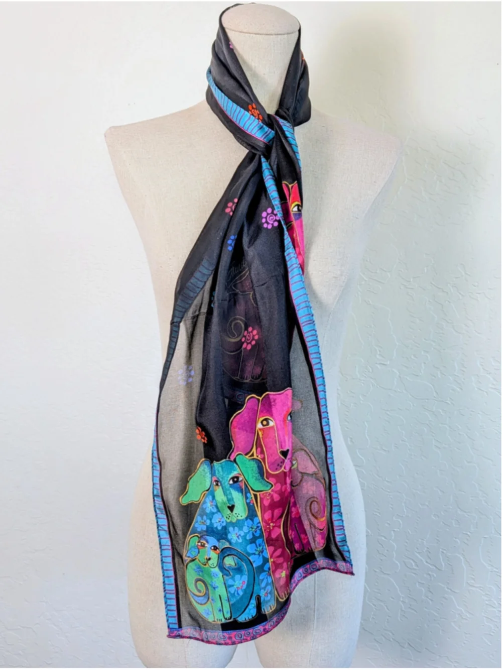 Laurel Burch 100% Silk Dog Scarf Wearable Art Colorful Long Oblong Wrap 52”